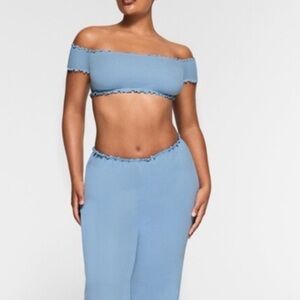 Skims Logo Pointelle Super Cropped Top Size Large Blue Off-Shoulder